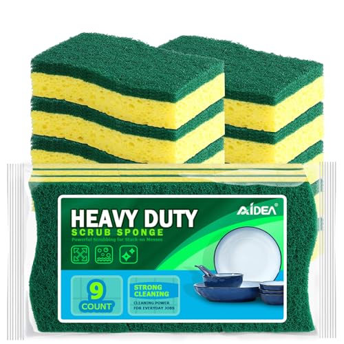 AIDEA Sponges Kitchen, 9Count, Dish Sponges, Heavy-Duty Scrub Sponge | Kitchen Sponge for Non-Coated Cookware, Scrubbing Power for Tough Messes, Cleaning Sponge for Kitchen, Bathroom, Household