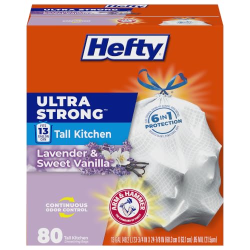 Hefty Ultra Strong 13 Gal Kitchen Trash Bags, White, Lavender Vanilla, 80ct | 13G Tall White Trash Bags with Drawstrings for Kitchen and Home Use, Resists Leaks, Punctures, Rips, Continuous Odor Control