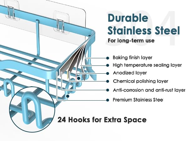 NESOMI Shower Caddy Adhesive Shower Organizer 7-Pack, Rustproof Stainless Steel Bathroom Shelves, Large Capacity No-Drill Rack Storage Accessories with Soap Dish Toothbrush Holder Hooks