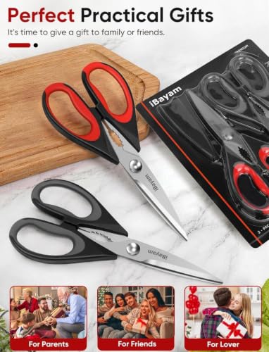 iBayam Kitchen Scissors Shears All Purpose Heavy Duty, Protective Sheath | 2-Pack, Ultra-Sharp Stainless Blades, Soft Comfort-Grip, Dishwasher Safe, Cooking Tool &amp; Gadget Sets Poultry Kitchen Utensils