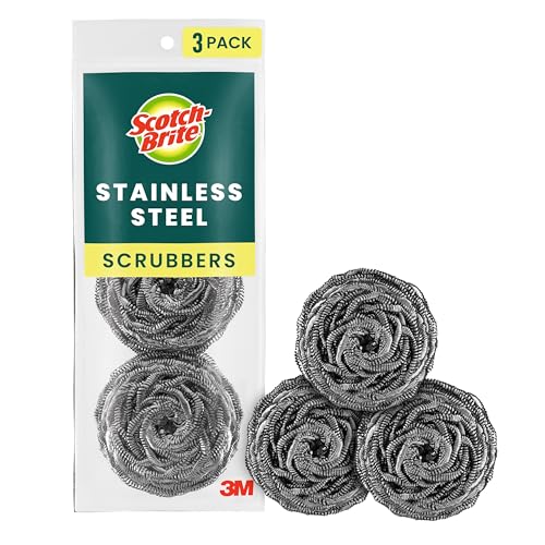 Scotch-Brite Stainless Steel Scrubbers, 3 Pack | Scouring Pads for Cleaning Tough Baked-On Messes, Metal Scrubbers for Cleaning Dishes, 3 Scrub Pads