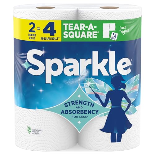 Sparkle Tear-A-Square Kitchen Paper Towels, 2 Double Rolls, 220 Sheets | Strong 2 ply paper towels for kitchen cleanup and everyday messes, absorbent paper towels to wipe surfaces and soak up spills