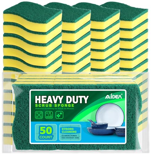 AIDEA Sponges Kitchen, 50 PK Heavy Duty Dish Sponge Kitchen, Scrub Sponges | Sponges for Dishes Stink-Free Cleaning, Reusable Cleaning Dish Scrubber Sponges for Home &amp; Restaurant, Bathroom, Sponges Bulk