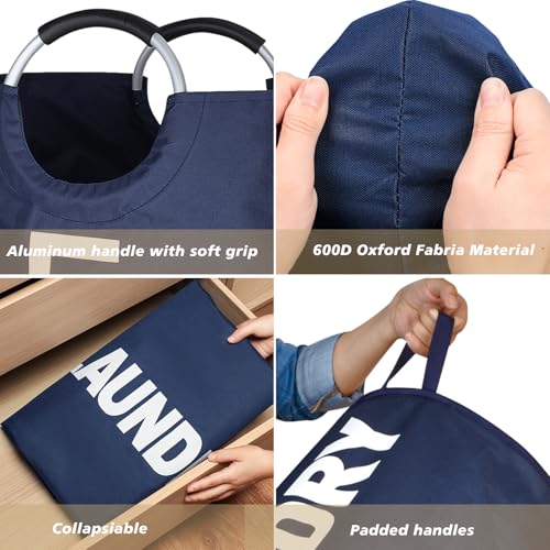 Maxsilan 90L Large Laundry Basket Bag, Collapsible Tall Hamper, Dark Blue | Freestanding tall laundry bag &amp; foldable washing basket. Large capacity clothes storage bin with durable sturdy handles