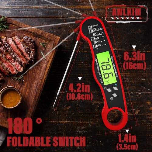 AWLKIM Meat Thermometer Digital, Instant Read Food Thermometer, Red | Waterproof cooking thermometer with doneness chart, backlight, F/C switch for BBQ, candy, oil