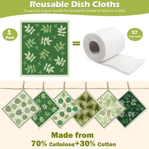 6 Pcs Swedish Paper Cloths for Kitchen, Reusable Paper Towels Washable | Highly Absorbent Kitchen Towels Quick Drying Swedish Sponge Cleaning Dish Cloths Dish Rags (Green Plant Leaves)