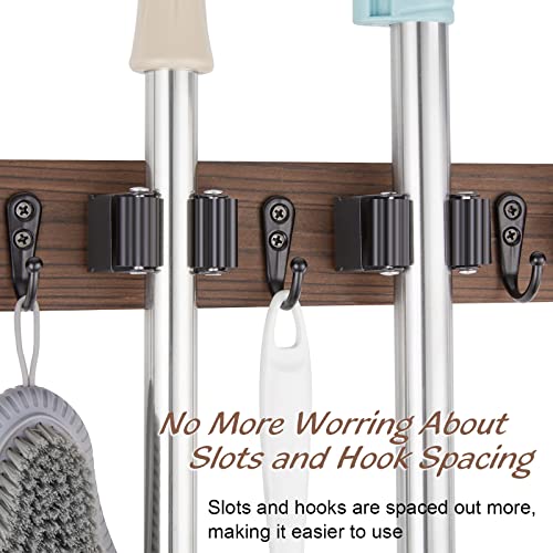 OUTNILI Mop and Broom Holder Wall Mount - Wood Broom Mop Hanger - Wall Mounted Garden Tool Rack Organizer for Closet Garage Laundry Room, Rustic Kitchen Decor With 4 Slots &amp; 4 Hooks