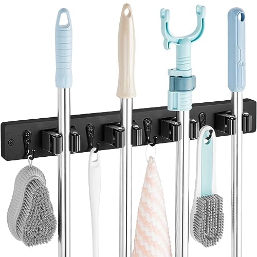 OUTNILI Black Mop Broom Holder Wall Mount with 4 Slots &amp; 4 Hooks - Rustic Wood Broom Mop Hanger for Pantry Closet Laundry Room Organization - Heavy Duty Garden Tool Organizer - Black Kitchen Decor