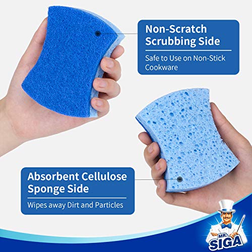 MR.SIGA Non-Scratch Cellulose Scrub Sponge, Dual-Sided Dish Sponge, 12 Pack | Dishwashing sponge for non stick cookware, scratch free dish sponges, kitchen sponges, cellulose sponges, sponges for dishes