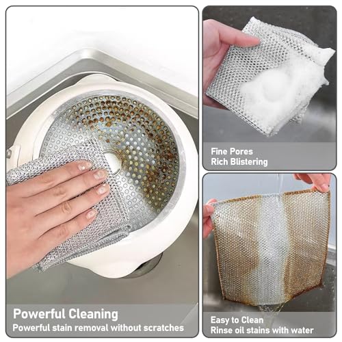 XANGNIER Non Scratch Wire Dishcloth,Wire Dishwashing Rags,8 * 8 in,8 Pcs | Multipurpose Steel Wool Cleaning Cloths,Multi Purpose Metal Mesh Miracle Cleaning Cloths for Kitchen,Dishes,Sink,wet &amp; dry