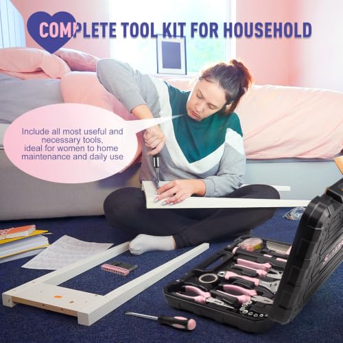 Sundpey 148 Pcs Portable Basic Hand Repair Home Tool Kit Set with Case Pink | with Ratchet Screwdriver &amp; Adjustable Wrench &amp; Water Pump Pliers, Women Tool Set for Household House Garage Apartment Dorm