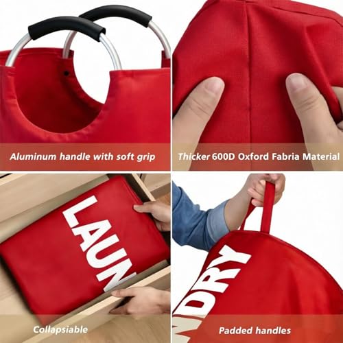 Maxsilan 90L Large Laundry Basket Bag, Collapsible Tall Hamper, Red | Freestanding tall laundry bag &amp; foldable washing basket. Extra large clothes storage bin with durable sturdy handles