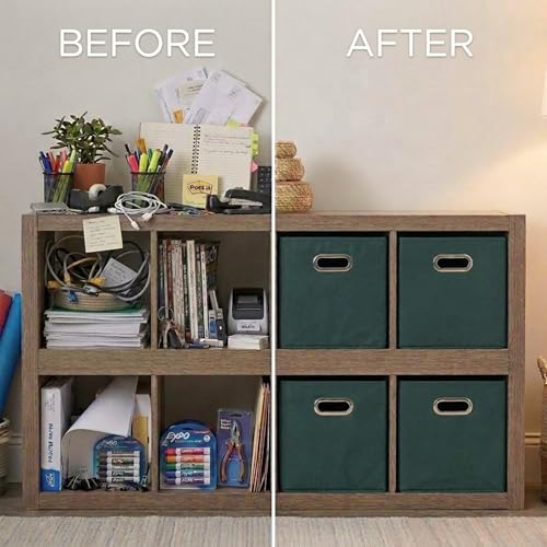 Household Essentials Foldable Fabric Storage Cubes 6-Pack – 11x11x11 Stackable Non-Woven Bins with Chipboard Sides &amp; Grommet Handles – Closet, Shelf, Nursery, or Office Organizer – Dark Green