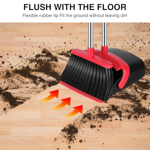NACENA Broom and Dustpan Set, 52-in Long Adjustable Handle Broom Dustpan Combo with Dustpan Teeth to Automatically Clean Hair Suitable for Home Kitchen Office Hall Floor（Black&amp;Red）