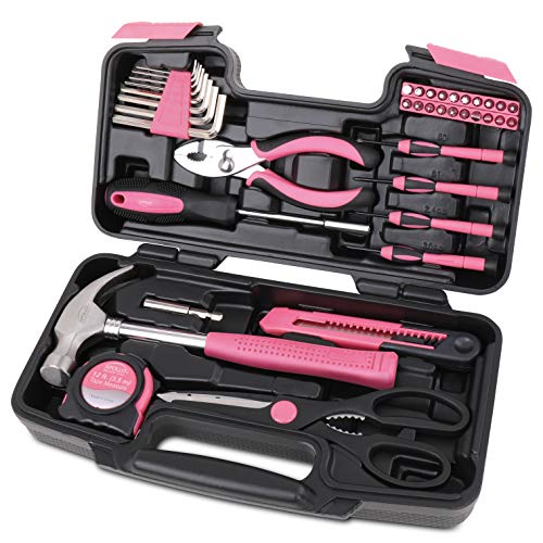 Apollo Tools 39 Piece General Household Tool Set, Pink DT9706P | Toolbox Storage Case with Essential Hand Tools for Everyday Home Repairs, DIY and Crafts. Pink Ribbon