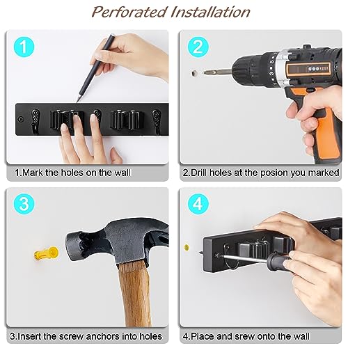OUTNILI Black Mop Broom Holder Wall Mount with 4 Slots &amp; 4 Hooks - Rustic Wood Broom Mop Hanger for Pantry Closet Laundry Room Organization - Heavy Duty Garden Tool Organizer - Black Kitchen Decor