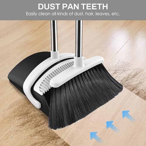 EZKEY Broom and Dustpan Set for Home, 51-in Long Adjustable Handle Angle Broom and Dustpan Combo Set with Dust Pan Teeth to Clean Hair for Home Kitchen Office Lobby Floor Garden (Black&amp;White)