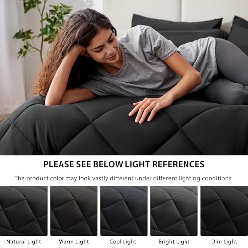 Love's cabin Queen Comforter Set, 7 Pieces Bed in a Bag, Black | OEKO-TEX Certified, All-Season, 1 Down-Alternative Comforter + 1 Flat &amp; Fitted Sheets + 2 Pillowcases + 2 Pillow Shams