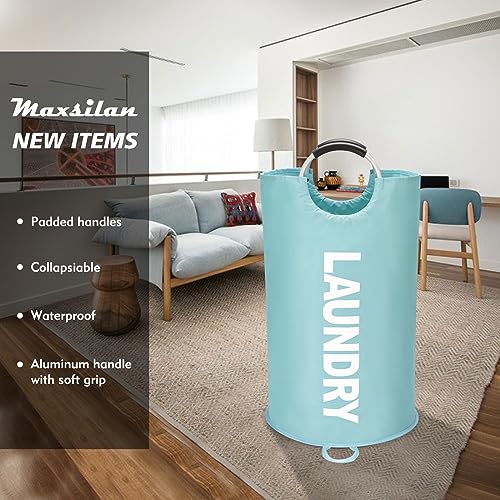 Maxsilan 90L Large Laundry Basket Bag, Collapsible Tall Hamper, Light Blue | Freestanding tall laundry bag &amp; foldable washing basket. Extra large clothes storage bin with durable sturdy handles