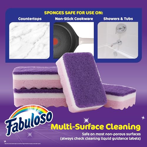 Fabuloso Scratch-Free Kitchen Dish Sponges, Purple, 4 Count | Cellulose scrubber with scouring pad tackles tough messes on dishes, pots, pans, and counters