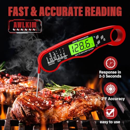 AWLKIM Meat Thermometer Digital, Instant Read Food Thermometer, Red | Waterproof cooking thermometer with doneness chart, backlight, F/C switch for BBQ, candy, oil