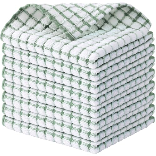 Kitinjoy Cotton 8 Pack Terry Kitchen Dish Cloths, Grass Green | 12 x 12 Inches Super Soft and Absorbent Dish Rags, Quick Drying Dish towels for Washing Dishes