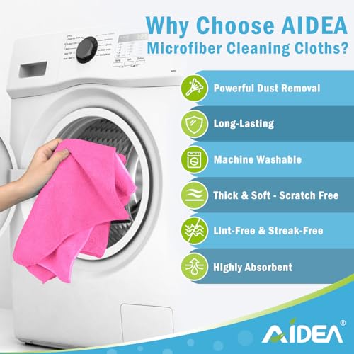 AIDEA Pink Microfiber Cleaning Cloth-12PK, Absorbent Cleaning Rags 12"x12" | Microfiber Towels for Cars Lint Free, Shop Towels, Kitchen Towels Pink Stuff Microfiber Towels, Cleaning Towels for Garage