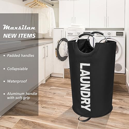Maxsilan 90L Large Laundry Basket Bag, Collapsible Tall Hamper, Black | Freestanding tall laundry bag &amp; foldable washing basket. Large capacity clothes storage bin with durable sturdy handles
