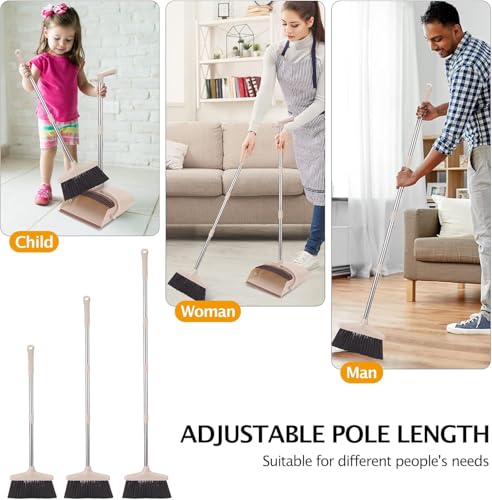 XXFLOWER Broom and Dustpan Set with Long Handle, Light Weight Stainless Steel Poles Stand Upright Dustpans with Broom Combo for Home Kitchen Office Pet Dog Hair, Brown &amp; Beige Color, 1-Pack