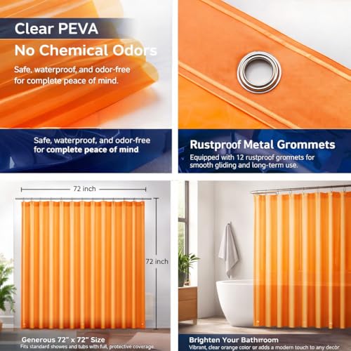 EHZNZIE Orange Shower Curtain Liner 72x72, PEVA Waterproof Bath Curtain, No Chemical Smell, 3 Weighted Magnets, Durable with Rustproof Metal Grommets