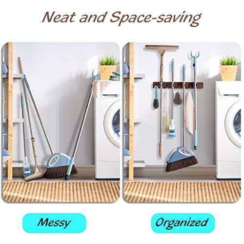 OUTNILI Mop and Broom Holder Wall Mount - Wood Broom Mop Hanger - Wall Mounted Garden Tool Rack Organizer for Closet Garage Laundry Room, Rustic Kitchen Decor With 4 Slots &amp; 4 Hooks