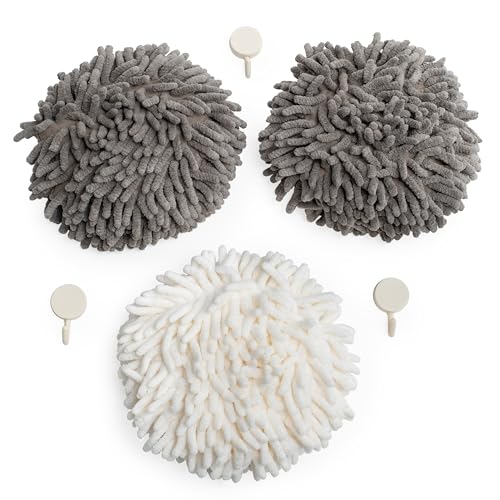 JJ KENT Fluffy Puffins Microfiber Puff Hand Towels &amp; Hooks, 3 Pack, Gray | Ball hand towel, hand drying puff, use in bathrooms and kitchens, dry hands, dishes and countertops, soft texture, reusable