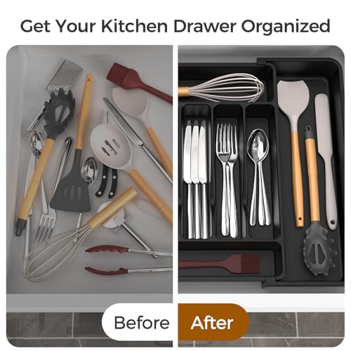 ukeetap Extra Large Expandable Silverware Organizer, Flatware Tray, Black | BPA-Free Food-Safe Kitchen Utensil Cutlery Drawer Organizer, Adjustable Silverware Holder for Spoons Forks Knives