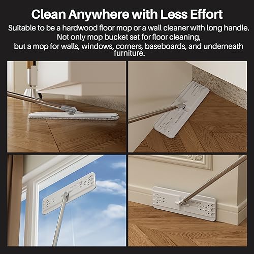 JOYMOOP Flat Mop System, Microfiber Mop and Bucket Set, White, Commercial &amp; Household Use, Hardwood Floor &amp; Wall Cleaning Mop with Long Handle, 4 Microfiber Pads