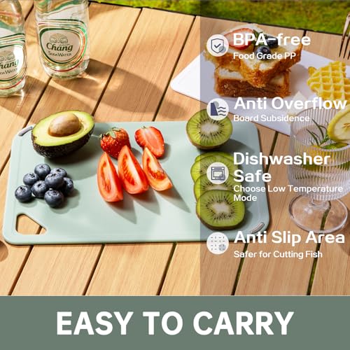 THETCHRY Plastic Cutting Board Set of 3-Cutting Boards for Kitchen BPA Free | Large-Small Chopping Boards, Non-Slip for Cooking, Dishwasher Safe, Camping, Portable, with Grip Handle, Sage Green