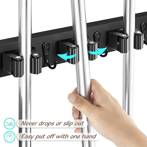 OUTNILI Black Mop Broom Holder Wall Mount with 4 Slots &amp; 4 Hooks - Rustic Wood Broom Mop Hanger for Pantry Closet Laundry Room Organization - Heavy Duty Garden Tool Organizer - Black Kitchen Decor