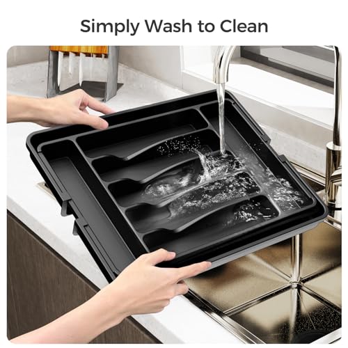 ukeetap Extra Large Expandable Silverware Organizer, Flatware Tray, Black | BPA-Free Food-Safe Kitchen Utensil Cutlery Drawer Organizer, Adjustable Silverware Holder for Spoons Forks Knives