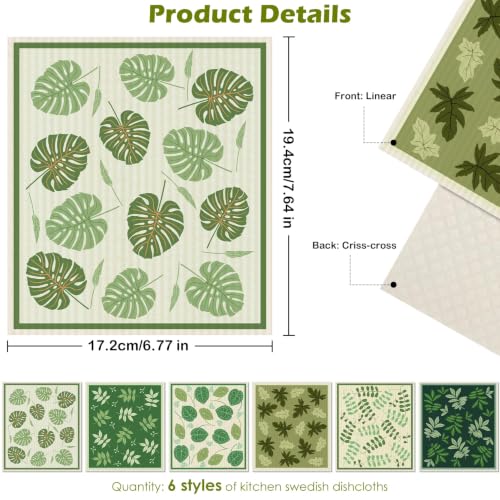 6 Pcs Swedish Paper Cloths for Kitchen, Reusable Paper Towels Washable | Highly Absorbent Kitchen Towels Quick Drying Swedish Sponge Cleaning Dish Cloths Dish Rags (Green Plant Leaves)