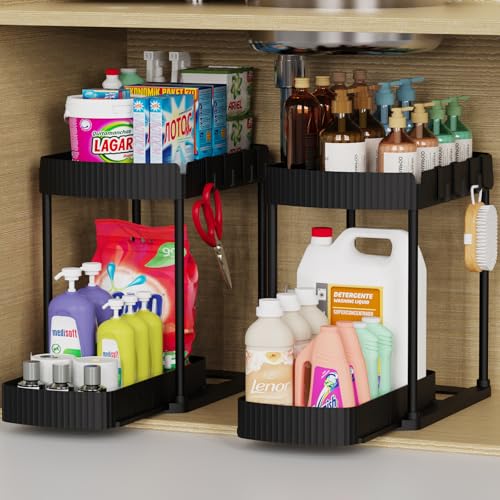 2 Packs Under Sink Pull-Out Storage Organizers, 12.8 Inches, Black | Multi-Purpose Cabinet Organizers and Storage for Bathroom &amp; Kitchen