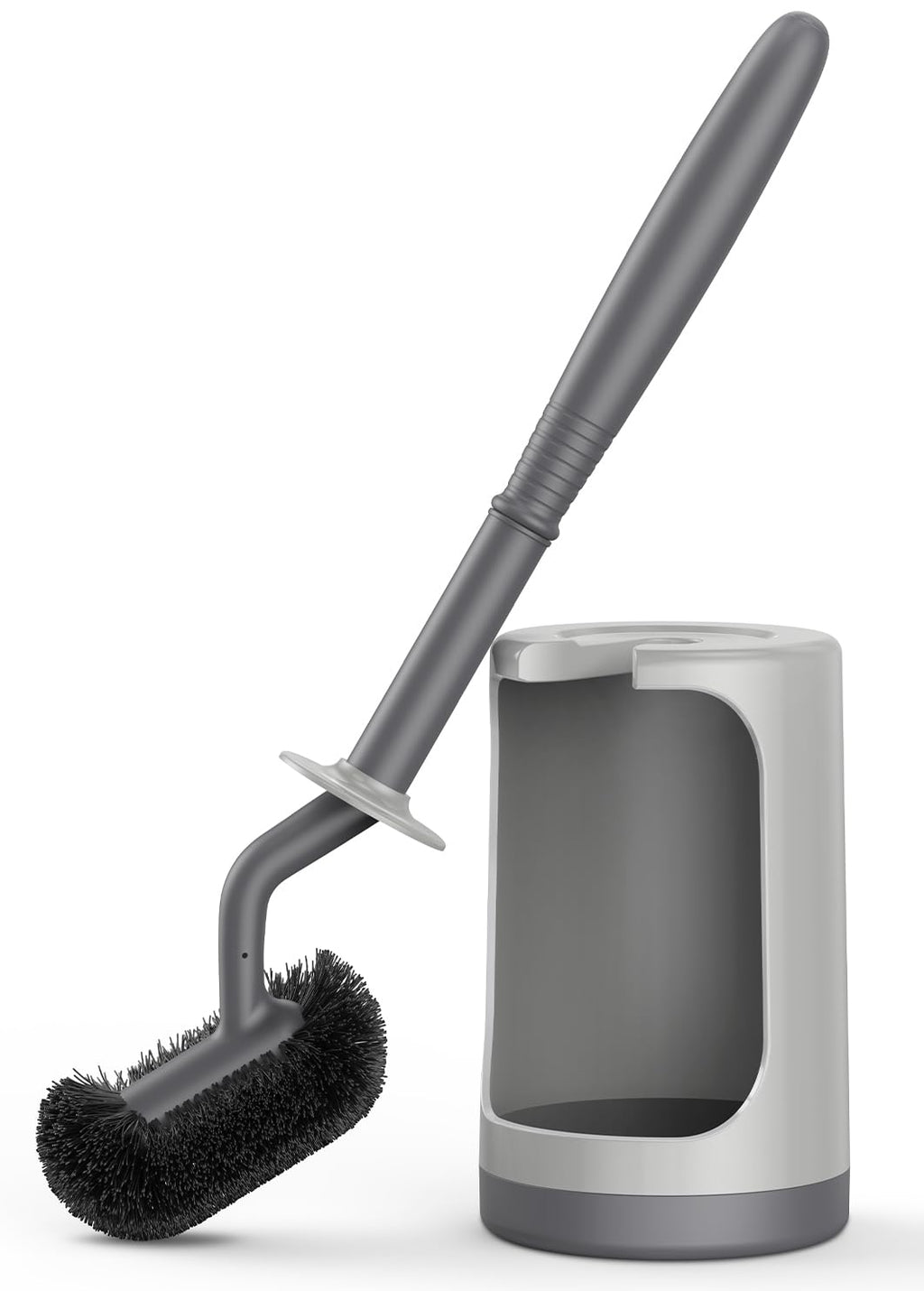 HAMITOR Toilet Bowl Brush Holder Set: Curved Design with Holder for Deep Cleaning Under Rim - Compact Hidden Scrubber for Small Space - Modern RV Bathroom Accessories - Gray