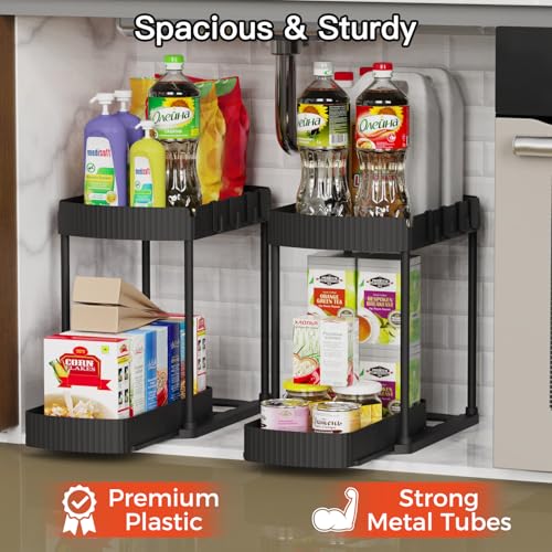 2 Packs Under Sink Pull-Out Storage Organizers, 12.8 Inches, Black | Multi-Purpose Cabinet Organizers and Storage for Bathroom &amp; Kitchen