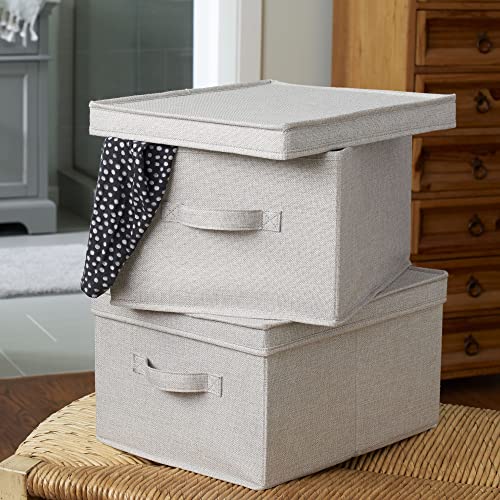 Household Essentials Large Square Storage Box with Lid with Breathable Poly‑Cotton Canvas and Reinforced Sides, Gray Finish, Set of 2