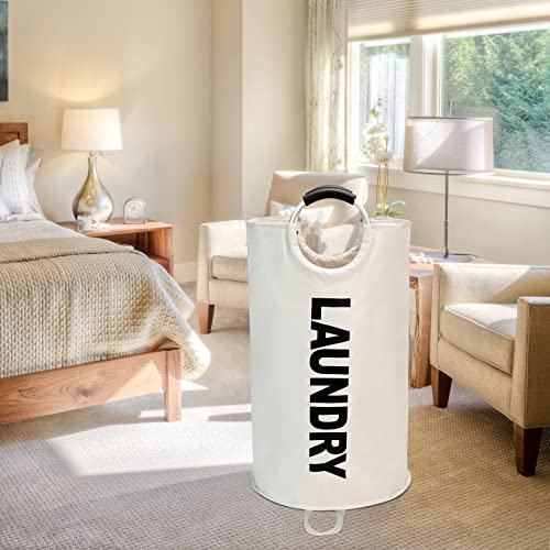 Maxsilan 90L Large Laundry Basket Bag, Collapsible Tall Hamper, Beige | Freestanding tall laundry bag &amp; foldable washing basket. Large capacity clothes storage bin with durable sturdy handles