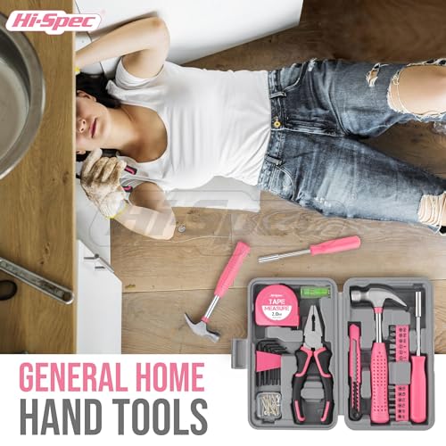 Hi-Spec Tool Set 25pc Pink Household DIY Tool Kit for Women. Small Mini Tool Box Set of Starter Basic Ladies Tools