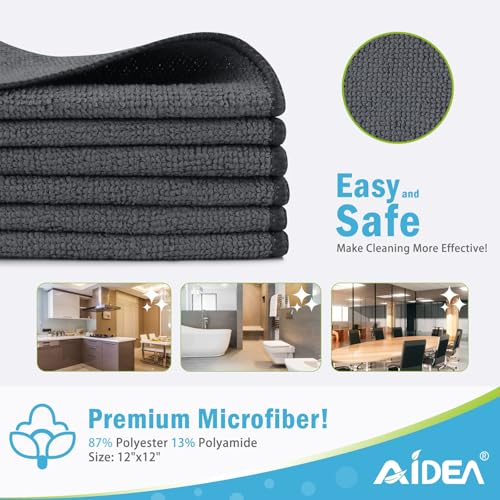 AIDEA Gray Microfiber Cleaning Cloth-12PK, Cleaning Rags 12"x 12" Absorbent | Microfiber Towels for Cars Lint Free, Reusable Microfiber Towels, Kitchen Towel Dusting Cloth, Dish Rags, Bulk Cleaning Towel
