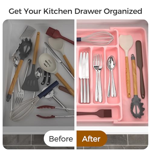 ukeetap Extra Large Expandable Silverware Organizer, Flatware Tray, Pink | BPA-Free Food-Safe Kitchen Utensil Cutlery Drawer Organizer, Adjustable Silverware Holder for Spoons Forks Knives