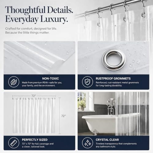 EHZNZIE Crystal Clear Heavy Duty Shower Curtain Liner 72x72, PEVA Waterproof Bath Curtain, No Chemical Smell, 3 Weighted Magnets, Durable with Rustproof Metal Grommets
