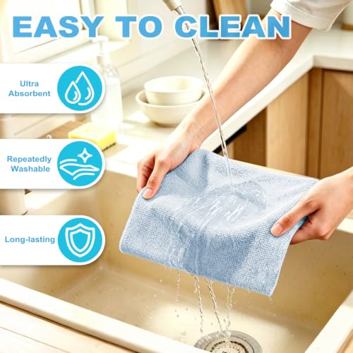 Puomue 55 Pack Microfiber Cleaning Cloth Roll, Tear Away Reusable Paper Towels, 11" x 9", Ultra Absorbent &amp; Lint Free Microfiber Cloth for Cleaning Cars, Kitchen, Window, Home and Shop, Light Blue