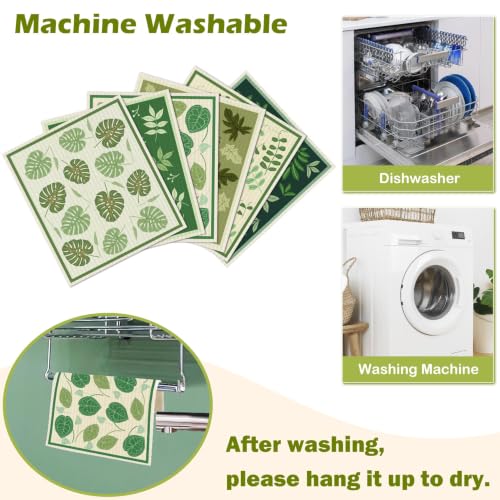 6 Pcs Swedish Paper Cloths for Kitchen, Reusable Paper Towels Washable | Highly Absorbent Kitchen Towels Quick Drying Swedish Sponge Cleaning Dish Cloths Dish Rags (Green Plant Leaves)