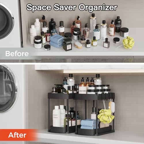 2 Packs Under Sink Pull-Out Storage Organizers, 12.8 Inches, Black | Multi-Purpose Cabinet Organizers and Storage for Bathroom &amp; Kitchen